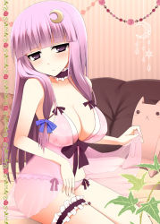 Rule 34 | 1girl, bare shoulders, blush, breasts, choker, collarbone, crescent, crescent hair ornament, female focus, hair ornament, kujiran, large breasts, bridal garter, lingerie, long hair, looking at viewer, panties, patchouli knowledge, pink panties, purple eyes, purple hair, ribbon choker, see-through, sitting, solo, star (symbol), stuffed animal, stuffed toy, thigh strap, touhou, underwear