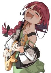 Rule 34 | 1girl, black nails, blush, bocchi the rock!, braid, collarbone, dress, ear piercing, electric guitar, fingernails, green dress, guitar, haruyuki (gffewuoutgblubh), hiroi kikuri, holding, holding instrument, instrument, jacket, long hair, long sleeves, music, nail polish, open clothes, open jacket, open mouth, piercing, playing instrument, red hair, sharp teeth, simple background, single braid, smile, solo, teeth, white background