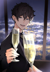 Rule 34 | 1boy, 1other, :d, alcohol, black hair, black jacket, blurry, blurry background, blush, champagne, collared shirt, commentary request, cup, depth of field, doromame, grey eyes, hair between eyes, highres, holding, holding cup, indoors, jacket, long sleeves, looking at viewer, male focus, nakiri asahi, necktie, open mouth, pov, shirt, shokugeki no souma, short hair, smile, solo focus, upper body