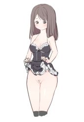 Rule 34 | 1girl, absurdres, bad id, bad pixiv id, bare legs, bare shoulders, black dress, black socks, blush stickers, breasts, brown eyes, brown hair, brown pubic hair, cleavage, cleft of venus, closed mouth, clothes lift, dress, dress lift, female focus, female pubic hair, highres, ine (ineinnen), lifted by self, medium breasts, medium hair, no panties, pubic hair, pussy, shiny skin, short eyebrows, simple background, socks, solo, swept bangs, thighs, uncensored, wavy mouth, white background