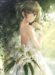 Rule 34 | 1girl, back, back cutout, bare shoulders, blue eyes, bracelet, breasts, clothing cutout, dress, earrings, from side, grass, green eyes, hagiwara rin, hair ornament, hand up, heterochromia, idolmaster, idolmaster cinderella girls, idolmaster cinderella girls starlight stage, jewelry, lace, lace-trimmed dress, lace trim, looking at viewer, medium breasts, mole, mole under eye, multiple bracelets, parted lips, pearl bracelet, plant, short hair, sleeveless, sleeveless dress, smile, solo, sparkle, standing, sunlight, takagaki kaede, tree, twitter username, vines, white dress, white lily