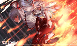 Rule 34 | 1girl, absurdres, arm belt, artist name, baggy pants, bamboo, bamboo forest, bow, burnt clothes, chinese commentary, collared shirt, commentary request, dashing, dutch angle, fire, forest, from side, fujiwara no mokou, hair bow, highres, long hair, nature, open mouth, pants, profile, red bow, red eyes, red pants, shirt, solo, suspenders, top-exerou, touhou, two-tone bow, white bow, white hair, white shirt