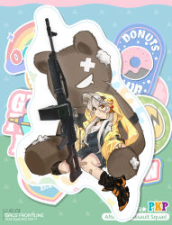 Rule 34 | 1girl, aged down, artist request, bandaid, bandaid on face, bandaid on leg, black footwear, black overalls, character name, closed mouth, coat, commentary, copyright name, english commentary, girls&#039; frontline, grey hair, gun, highres, hood, hood down, long hair, looking at viewer, machine gun, official alternate costume, official art, open clothes, open coat, overalls, pkp (after-rain assault squad) (girls&#039; frontline), pkp (girls&#039; frontline), pkp pecheneg, promotional art, shirt, shoes, sleeves past fingers, sleeves past wrists, socks, solo, stuffed animal, stuffed toy, teddy bear, weapon, white shirt, yellow coat, yellow eyes