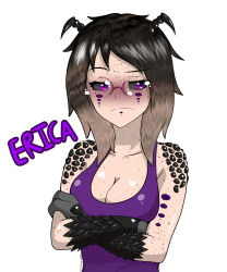 Rule 34 | absurdres, antennae, arthropod girl, blonde hair, breasts, brown hair, claws, cleavage, cpt.tester works, crossed arms, disappointed, erica (cpt.tester), freckles, frown, glasses, highres, large breasts, looking away, multicolored hair, purple eyes, shell, short hair, tattoo