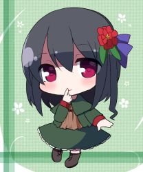 Rule 34 | 1girl, black footwear, black hair, blush, boots, brown shirt, chibi, closed mouth, cross-laced footwear, flower, full body, green jacket, green skirt, hair between eyes, hair flower, hair ornament, jacket, lace-up boots, open clothes, open jacket, original, red eyes, red flower, rensei, shirt, skirt, smile, solo