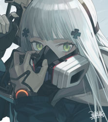 Rule 34 | agent 416 (girls&#039; frontline), agent 416 (shield of manhattan) (girls&#039; frontline), black gloves, blue coat, coat, cropped, dated, facial mark, gas mask, girls&#039; frontline, gloves, green eyes, grey gloves, gun, hair ornament, highres, hk416 (girls&#039; frontline), holding, holding gun, holding weapon, hood, hood down, long hair, mask, multicolored clothes, multicolored gloves, nao (syn eaa), signature, tom clancy&#039;s the division, two-tone gloves, watch, weapon, white hair, wristwatch