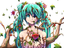 Rule 34 | 1girl, aqua hair, blue eyes, branch, broken, collarbone, female focus, flower, hair flower, hair ornament, hatsune miku, leaf, long hair, looking at viewer, missing eye, nude, one-eyed, oonishi shunsuke, overgrown, plant, simple background, solo, twintails, vocaloid, what, white background