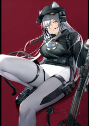 Rule 34 | 1girl, 8gou, animal ears, arknights, black footwear, black headwear, black jacket, bow (weapon), breasts, cat ears, cat girl, cat tail, crossbow, ears through headwear, headset, jacket, knee up, large breasts, long hair, long sleeves, looking at viewer, official alternate costume, pants, parted lips, red background, schwarz (arknights), schwarz (skyline) (arknights), silver hair, simple background, solo, tail, thigh strap, tight clothes, tight pants, very long hair, weapon, white pants, yellow eyes