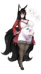 Rule 34 | 1girl, animal ear fluff, animal ears, big belly, black hair, blue eyes, blush, breasts, choker, cleavage, curvy, english text, fluffy, fox ears, fox girl, fox tail, full body, glasses, hand on own hip, hand on own stomach, heart, heart necklace, highres, huge breasts, jewelry, kitchen, kitsune, kyuubi, large tail, lhanamo, long hair, multiple tails, multiple views, neck bell, necklace, original, pantyhose, parted lips, pregnant, red-framed eyewear, shoes, smile, solo, speech bubble, standing, tail, thick thighs, thighs, white background, wide hips