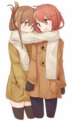 Rule 34 | 10s, 2girls, bad id, bad pixiv id, black legwear, blush, brown eyes, brown hair, coat, fang, folded ponytail, hair ornament, hairclip, holding hands, ikazuchi (kancolle), inazuma (kancolle), kantai collection, mittens, multiple girls, nekoume, open mouth, pantyhose, personification, scarf, shared clothes, shared scarf, simple background, skirt, thighhighs, yuri