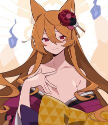 Rule 34 | 1girl, animal ear fluff, animal ears, bow, brown hair, closed mouth, copyright request, hair between eyes, hand up, hitodama, japanese clothes, kimono, long hair, looking at viewer, off shoulder, pekaso1118n, purple kimono, red eyes, smile, solo, unmoving pattern, very long hair, yellow bow