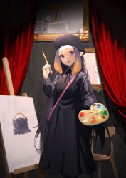 Rule 34 | 1girl, absurdres, bag, black dress, black ribbon, blonde hair, canvas (object), commentary, curtains, dress, easel, elach, forehead, gradient hair, hand up, highres, holding, holding paintbrush, holding palette, hololive, hololive english, long hair, long sleeves, looking at viewer, multicolored hair, neck ribbon, ninomae ina&#039;nis, ninomae ina&#039;nis (casual), official alternate costume, paintbrush, painting (object), palette (object), parted lips, pinafore dress, puffy long sleeves, puffy sleeves, purple eyes, ribbon, shirt, shoulder bag, sidelocks, sleeveless, sleeveless dress, solo, standing, striped clothes, striped shirt, takodachi (ninomae ina&#039;nis), very long hair, virtual youtuber, wooden chair