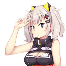 Rule 34 | 1girl, arm up, bare arms, bare shoulders, black dress, blue eyes, breasts, chrisandita, cleavage, cleavage cutout, closed mouth, clothing cutout, dress, hair ornament, hairclip, highres, kaguya luna, looking at viewer, medium breasts, obi, sash, sidelocks, silver hair, simple background, sleeveless, sleeveless dress, smile, solo, the moon studio, twintails, virtual youtuber, w, white background