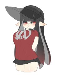 Rule 34 | 1girl, arm behind back, belt collar, black hair, black shorts, blush, breasts, collar, cropped legs, female focus, finger to mouth, half-closed eyes, highres, inkling, inkling girl, inkling player character, large breasts, long hair, looking at viewer, nintendo, nitronic, pointy ears, red eyes, red shirt, shirt, shorts, simple background, solo, splatoon (series), t-shirt, tentacle hair, very long hair, visor cap, white background