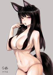 Rule 34 | 1girl, animal ears, bikini, black bikini, black hair, blush, breasts, commentary request, cowboy shot, dated, finger to mouth, fox ears, fox tail, grey background, half-closed eyes, heart, heart-shaped pupils, large breasts, long hair, looking at viewer, micro bikini, navel, original, parted lips, purple eyes, simple background, skindentation, solo, souryu, stomach, swept bangs, swimsuit, symbol-shaped pupils, tail