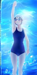 Rule 34 | 1girl, 200f (nifu), absurdres, air bubble, arm up, armpits, backlighting, blue one-piece swimsuit, blush, breasts, brown eyes, bubble, chromatic aberration, closed mouth, collarbone, covered navel, from below, gluteal fold, goggles, highres, lane line, looking at viewer, new school swimsuit, one-piece swimsuit, original, pool, school swimsuit, short hair, small breasts, solo, submerged, sunlight, swim cap, swimming, swimsuit, underwater, water