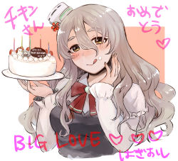 Rule 34 | 1girl, absurdres, bow, bowtie, brown eyes, corset, frilled shirt, frills, grey hair, hagioshi, hair between eyes, happy birthday, hat, highres, kantai collection, looking at viewer, mini hat, pola (kancolle), red bow, red bowtie, shirt, solo, thick eyebrows, tilted headwear, tongue, tongue out, translation request, two-tone background, upper body, wavy hair, white shirt