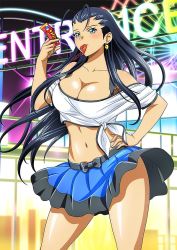 Rule 34 | 1girl, antenna hair, bare shoulders, black hair, blue eyes, blush, breasts, candy wrapper, cleavage, ikkitousen, large breasts, long hair, navel, skirt, solo, standing