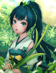 Rule 34 | 1girl, antweiyi, black hair, blue eyes, japanese clothes, long hair, looking at viewer, onmyoji, open mouth, outdoors, ponytail, solo, sunlight, very long hair, ying grass