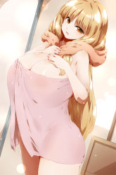 Rule 34 | 1girl, arc the lad, arc the lad ii, bare shoulders, blonde hair, breasts, cleavage, cowboy shot, dutch angle, highres, huge breasts, lieza (arc the lad), long hair, looking at viewer, naked towel, open mouth, orange eyes, solo, standing, tokyo (great akuta), towel, towel around neck, very long hair, wet