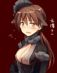 Rule 34 | 1girl, animal ears, blush, breasts, brown hair, cleavage, gertrud barkhorn, hair ornament, long hair, medium breasts, open mouth, sandwich (artist), simple background, solo, strike witches, tsuchii (ramakifrau), twintails, upper body, world witches series, yellow eyes