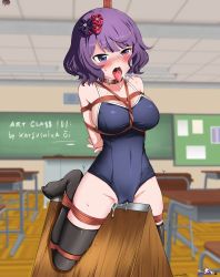 Rule 34 | 1girl, arms behind back, bdsm, black thighhighs, blue one-piece swimsuit, blunt bangs, blurry, blush, bondage, bound, breasts, chair, character name, character watermark, classroom, collar, competition school swimsuit, depth of field, desk, eudetenis, fate/grand order, fate (series), full-face blush, hair ornament, highres, indoors, katsushika hokusai (fate), one-piece swimsuit, open mouth, parted bangs, purple eyes, purple hair, pussy juice, rope, school chair, school desk, school swimsuit, shibari, short hair, slave, solo, sweat, swimsuit, tears, thighhighs, tongue, tongue out, wooden horse