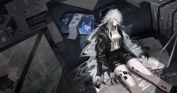 Rule 34 | 1girl, absurdres, animal ears, arknights, black jacket, black nails, black shorts, blue eyes, breasts, couch, curly hair, feet out of frame, fingerless gloves, gloves, grey gloves, grey hair, hair between eyes, highres, indoors, jacket, lappland (arknights), long hair, material growth, open clothes, open jacket, oripathy lesion (arknights), refrigerator, senkane, shorts, small breasts, solo, strapless, terrarium, tube top, very long hair, white tube top, wolf ears, wolf girl