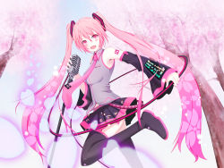 Rule 34 | 1girl, alternate color, alternate hair color, black footwear, boots, cable, cherry blossoms, detached sleeves, from below, hatsune miku, long hair, microphone, microphone stand, name connection, necktie, object namesake, pink eyes, pink hair, sakura miku, skirt, smile, solo, takonasu, thighhighs, tree, twintails, very long hair, vintage microphone, vocaloid, zettai ryouiki