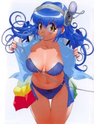 Rule 34 | 1girl, bandeau, blue hair, bra, breasts, cable, cleavage, large breasts, lingerie, long hair, mouth hold, navel, os-tan, panties, personification, solo, striped, thigh gap, underwear, undressing, winchan, yellow eyes, yoshizaki mine