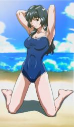 Rule 34 | 00s, 1girl, armpits, arms up, beach, breasts, day, kneeling, large breasts, one-piece swimsuit, onegai teacher, onegai twins, oribe tsubaki, outdoors, school swimsuit, screencap, solo, swimsuit