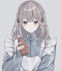 Rule 34 | 1girl, apron, blue background, blue jacket, blush, bottle, braid, closed mouth, commentary, frilled apron, frills, grey eyes, grey hair, hair between eyes, highres, holding, holding bottle, jacket, jersey maid, ketchup bottle, long hair, long sleeves, looking at viewer, maid, maid apron, niaa, original, simple background, sleeves past wrists, solo, sweatdrop, symbol-only commentary, twitter username, unconventional maid, white apron