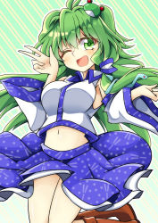 Rule 34 | 1girl, blue skirt, boots, breasts, brown footwear, collarbone, detached sleeves, female focus, frog hair ornament, green eyes, green hair, hair between eyes, hair ornament, japanese clothes, jumping, keyaki chimaki, kochiya sanae, long hair, looking at viewer, miko, navel, one eye closed, open mouth, shirt, skirt, sleeveless, sleeveless shirt, smile, snake hair ornament, solo, striped, striped background, touhou, v, white shirt, white sleeves, wide sleeves