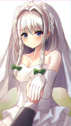 Rule 34 | 1girl, 1other, 7saki, alternate costume, alternate hair length, alternate hairstyle, bad id, bad pixiv id, bow, braid, bridal veil, commentary request, dress, green bow, hair between eyes, hair bow, hair intakes, hair ribbon, highres, holding hands, izayoi sakuya, looking at viewer, ribbon, side braids, silver hair, simple background, touhou, tress ribbon, twin braids, veil, wedding dress, white background