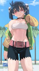 Rule 34 | 1girl, bandaid, bandaid on cheek, bandaid on face, belt, black choker, black nails, black shorts, blue hair, blue sky, blush, bottle, breasts, bright pupils, chest sarashi, choker, cloud, commentary, crossed bandaids, day, earrings, fingernails, green jacket, hair between eyes, hair ornament, highres, holding, holding bottle, jacket, jewelry, ji-yoon (jourd4n), jourd4n, long sleeves, nail polish, navel, off shoulder, open clothes, open jacket, original, outdoors, palm tree, parted lips, pink belt, pink eyes, sarashi, shorts, skull hair ornament, sky, small breasts, solo, sweat, symbol-only commentary, teeth, tree, twintails, water bottle, white pupils