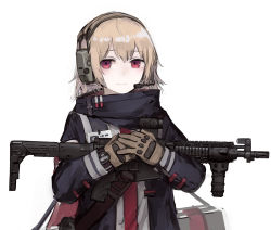Rule 34 | 1girl, assault rifle, bag, blonde hair, blue jacket, foregrip, girls&#039; frontline, gloves, gun, headset, holding, holding weapon, id card, jacket, light smile, looking at viewer, messy hair, muzzle device, rampart1028, red eyes, rifle, scope, scw (girls&#039; frontline), scw (gun), short hair, simple background, solo, tactical clothes, upper body, watch, weapon, white background