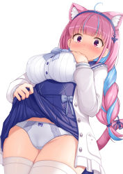 Rule 34 | 1girl, ahoge, akino hamo, anchor hair ornament, animal ear fluff, animal ears, blue bow, blue bowtie, blue hair, blue hairband, blue panties, blue ribbon, blue sky, blush, bow, bowtie, braid, breasts, cat ears, cat tail, closed mouth, clothes lift, commentary request, hair ornament, hairband, hand on own chest, high-waist skirt, highres, hololive, jacket, legs together, lifted by self, long hair, looking at viewer, medium breasts, minato aqua, minato aqua (sailor), multicolored hair, open clothes, open jacket, panties, purple eyes, purple hair, ribbon, shirt, simple background, skirt, skirt lift, sky, solo, standing, streaked hair, tail, tail ornament, tail ribbon, thighhighs, twin braids, twintails, two-tone hair, underwear, virtual youtuber, white background, white jacket, white shirt, white thighhighs