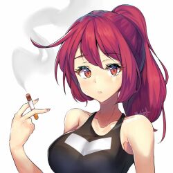 Rule 34 | 1girl, bare shoulders, black tank top, breasts, cigarette, closed mouth, collarbone, hair between eyes, holding, holding cigarette, looking at viewer, medium hair, original, ponytail, red eyes, red hair, sleeveless, smoke, solo, somenormalartist, tank top, upper body, white background