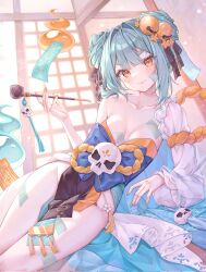 Rule 34 | 1girl, alllisso, aqua hair, bare shoulders, bell, blue fire, blush, breasts, cyberlive, fang, fingernails, fire, hair bun, highres, inami yoki, indoors, japanese clothes, kimono, looking at viewer, medium breasts, necromancer, sharp fingernails, single sleeve, skull, smile, smoking pipe, sunlight, virtual youtuber, yellow eyes, yellow nails