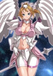 Rule 34 | 10s, 1girl, arm behind back, armor, bike shorts, blue eyes, blush, breasts, breasts apart, brown hair, choker, clothing cutout, commentary request, cowboy shot, elbow gloves, faulds, gauntlets, gloves, gundam, gundam build fighters, gundam build fighters try, headset, hoshino fumina, large breasts, legs together, mecha musume, mechanical wings, navel, navel cutout, ozaneko, ponytail, shiny clothes, shiny skin, smile, solo, staff, standing, star (symbol), starry background, super fumina, wings