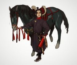 Rule 34 | 1girl, avatar: the last airbender, avatar legends, azula, belt, black belt, black hair, boots, coat, hand on own hip, highres, horse, looking at viewer, medium hair, mossacannibalis, saddle, simple background, smile, solo, standing, sword, tassel, topknot, weapon, white background, yellow eyes
