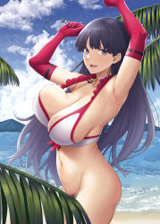 Rule 34 | 1girl, absurdres, ao banana, armpits, arms up, bare shoulders, beach, bikini, bikini top only, blue eyes, blue sky, breasts, choker, cleavage, collarbone, convenient censoring, cross, cross choker, elbow gloves, fate/grand order, fate (series), female pubic hair, gloves, highres, large breasts, long hair, looking at viewer, martha (fate), martha (swimsuit ruler) (fate), martha (swimsuit ruler) (third ascension) (fate), navel, ocean, open mouth, palm leaf, pubic hair, purple hair, red gloves, shore, sky, smile, solo, swimsuit, thighs, white bikini