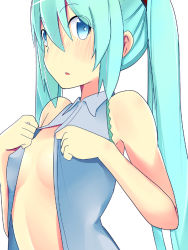 Rule 34 | 1girl, blue eyes, blush, breasts, green hair, hatsune miku, open clothes, open mouth, open shirt, pon (pixiv 61434), pon (shind 997), shirt, small breasts, solo, twintails, vocaloid