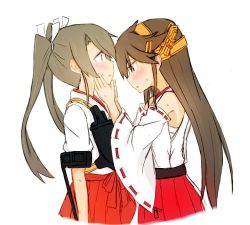 Rule 34 | 10s, 2girls, atsushi (aaa-bbb), bare shoulders, blush, brown hair, detached sleeves, hairband, hands on another&#039;s face, haruna (kancolle), japanese clothes, kantai collection, long hair, multiple girls, nontraditional miko, simple background, yuri, zuikaku (kancolle)