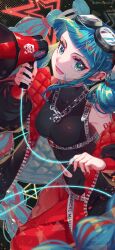 Rule 34 | 1girl, 39, aqua hair, baggy pants, bare shoulders, beamed eighth notes, belt, black jacket, black leotard, blunt bangs, braid, breasts, cable, chain, chain necklace, chest harness, clothes writing, clothing cutout, commentary, copyright name, cowboy shot, denko (ziutyou3maruhho), down jacket, eyeshadow, from above, glowing, goggles, goggles on head, harness, hatsune miku, highres, hip vent, holding, holding megaphone, jacket, jewelry, leotard, long hair, looking at viewer, magical mirai (vocaloid), magical mirai miku, magical mirai miku (2023), makeup, medium breasts, megaphone, musical note, nail polish, navel, necklace, off shoulder, open clothes, open jacket, open mouth, pants, pendant, red jacket, red nails, red pants, ring hair ornament, shoulder tattoo, smile, solo, spiked ear piercing, star (symbol), stomach cutout, tattoo, triangle, tsurime, twin braids, twitter username, two-sided fabric, two-sided jacket, very long hair, vocaloid