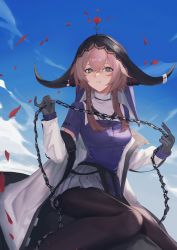 Rule 34 | :o, animal ears, arknights, black gloves, black pantyhose, blue sky, breasts, brown hair, chain, coat, cow ears, cow horns, day, eyebrows hidden by hair, feet out of frame, flail, flower, flower on head, gloves, green eyes, grey skirt, highres, holding, horns, long sleeves, looking at viewer, medium breasts, miniskirt, miyazaki-san (mmyyzk), off shoulder, open clothes, open coat, outdoors, pallas (arknights), pantyhose, parted lips, petals, pleated skirt, purple shirt, red flower, red rose, rose, rose petals, shirt, short hair with long locks, sidelocks, sitting, skirt, sky, solo, veil, weapon, white coat