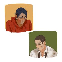 Rule 34 | 2boys, black hair, brown eyes, brown hair, bruise, bruise on face, chengongzi123, closed mouth, collared shirt, dirty, dirty clothes, facial hair, goatee stubble, golden kamuy, green background, grey eyes, highres, hood, hood down, hoodie, injury, koito otonoshin, long sleeves, looking at viewer, male focus, multiple boys, necktie, portrait, red hoodie, shirt, short hair, stubble, tsukishima hajime, undone necktie, very short hair, white background, white shirt, yellow background