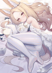 Rule 34 | 1girl, :o, absurdres, animal ear fluff, animal ears, ass, bare shoulders, bird, blonde hair, blue archive, blush, breasts, byx, chinese commentary, commentary request, detached sleeves, dress, extra ears, forehead, fox ears, fox girl, full body, highres, long hair, long sleeves, looking at viewer, lying, no shoes, on side, panties, panties under pantyhose, pantyhose, parted lips, red eyes, seia (blue archive), sleeveless, sleeveless dress, sleeves past fingers, sleeves past wrists, small breasts, soles, solo, striped clothes, striped pantyhose, toes, underwear, vertical-striped clothes, vertical-striped pantyhose, wavy hair, white dress, white panties, white pantyhose