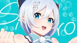 Rule 34 | .live, 1girl, :d, ahoge, bare shoulders, black bow, blue background, blue bow, blue eyes, bow, character name, choco (chocovix112), commentary request, grey hair, hair between eyes, hair bow, hair ornament, hands up, highres, looking at viewer, open mouth, paw print, paw print background, portrait, rabbit hair ornament, simple background, dennou shoujo siro, smile, solo, teeth, upper teeth only, virtual youtuber