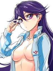 Rule 34 | 10s, 1girl, adjusting eyewear, bespectacled, breasts, cosplay, free!, glasses, jacket, kuroki rei, long hair, looking at viewer, michairu, naked jacket, name connection, open clothes, open jacket, purple eyes, purple hair, ryuugazaki rei, ryuugazaki rei (cosplay), shirt, simple background, sketch, solo, track jacket, vividred operation, white background
