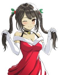 Rule 34 | 1girl, bell, breasts, brown hair, cleavage, collar, collarbone, dress, elbow gloves, fur trim, gloves, highres, holding, holding own hair, jchoy, neck bell, one eye closed, original, red dress, santa costume, simple background, smile, solo, twintails, white gloves